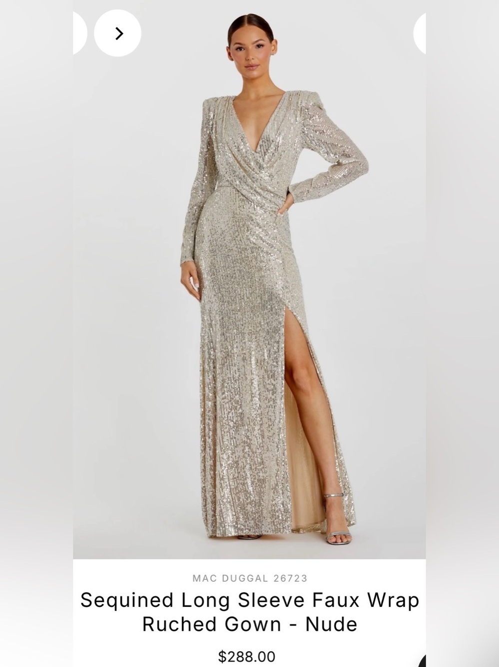Mac Duggal Champagne Sequin Faux Wrap Long Sleeve Gown